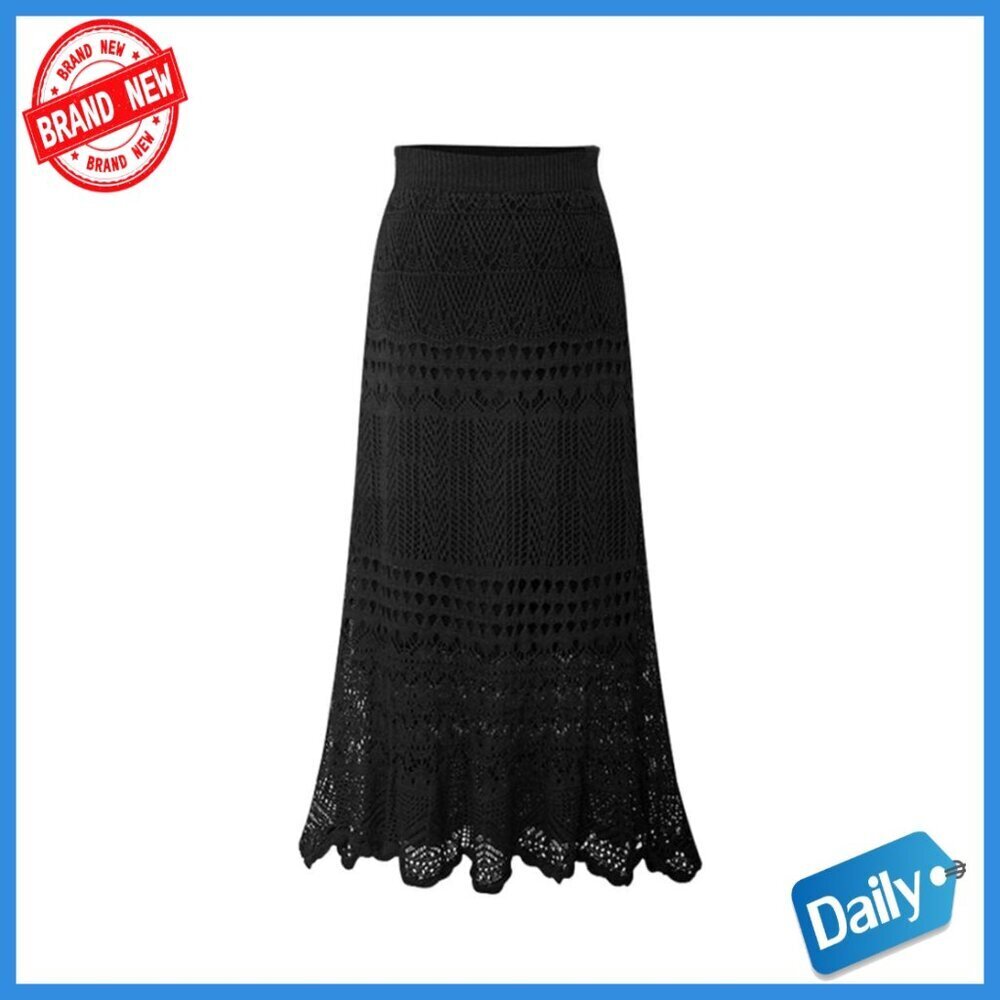 High Waist Crochet Lace Maxi Skirt, Flowy A-Line Flare, Pull On